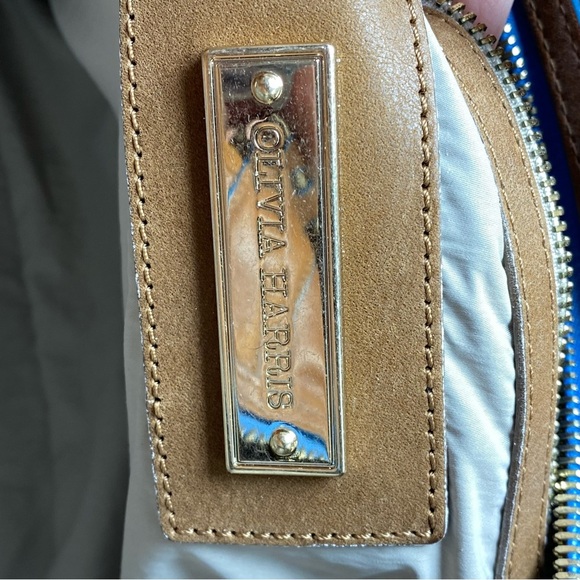 Olivia Harris tan leather tote shoulder bag subtle blue trim - Picture 9 of 12